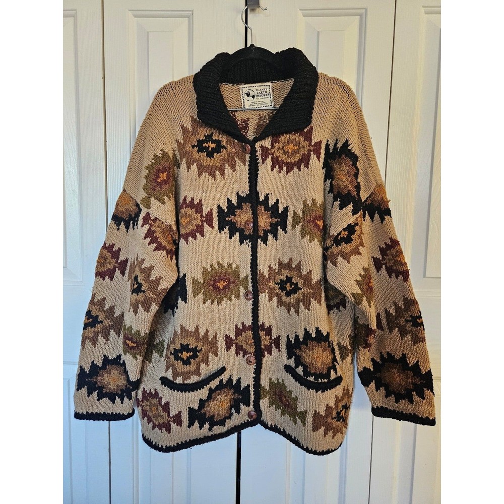 Vintage Aztec print Bolivia hand knitted planet Earth imports wool sweater brown
